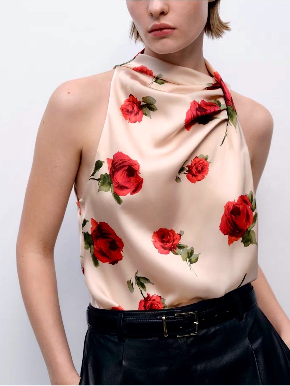 MANGO Satin Rose Floral Print Draped Halter Neck Blouse Champagne S